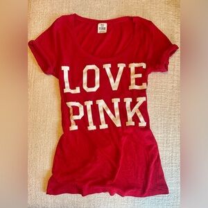 Vintage Victoria’s Secret PINK “LOVE PINK” Red Tee Shirt M Y2K Varsity Appliqué